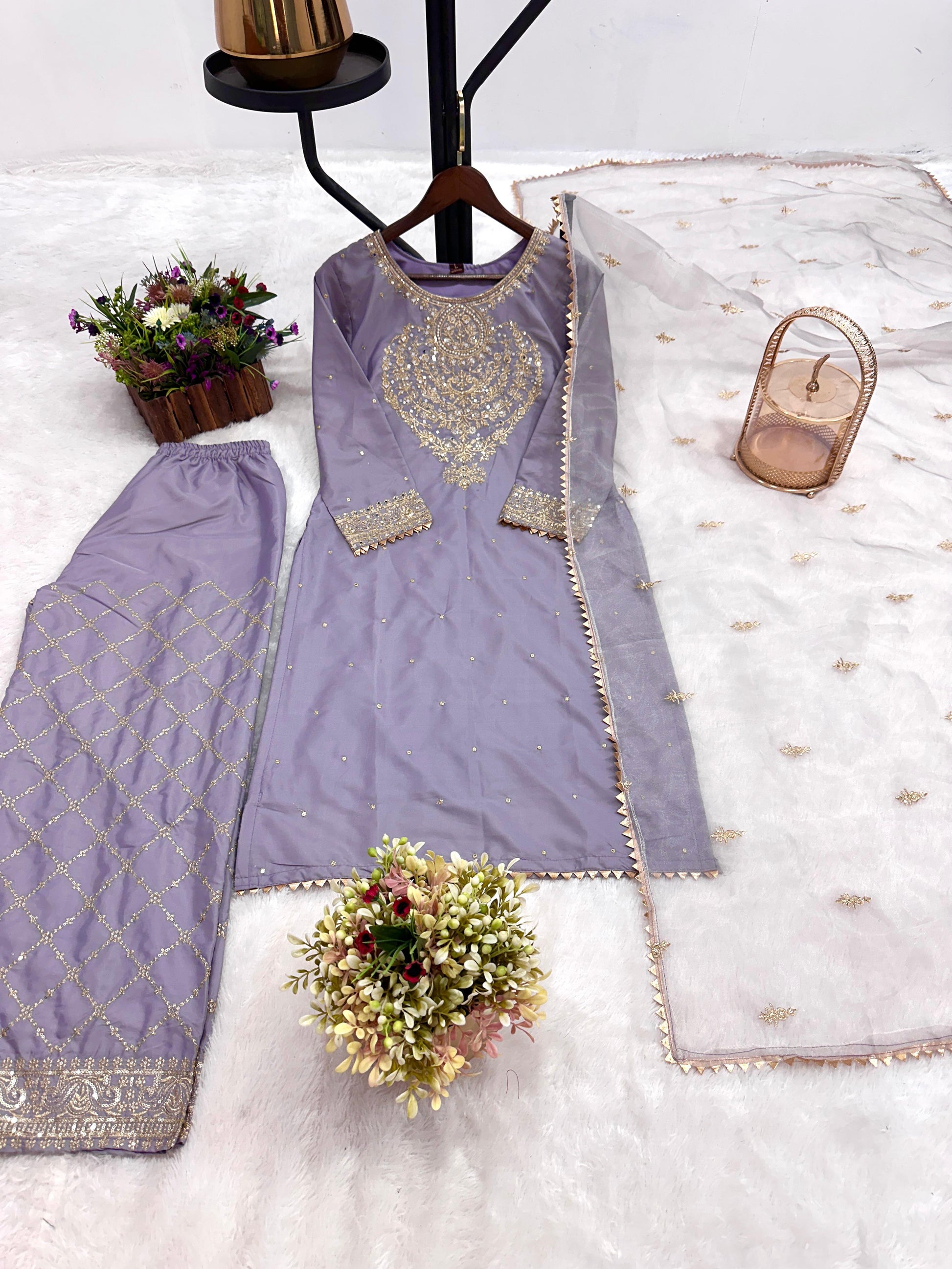 Glimmering Heavy Work Lavender Color Palazzo Suit