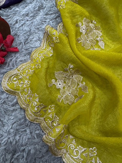 Precious Soft Crunchy Lemon Green Color Saree
