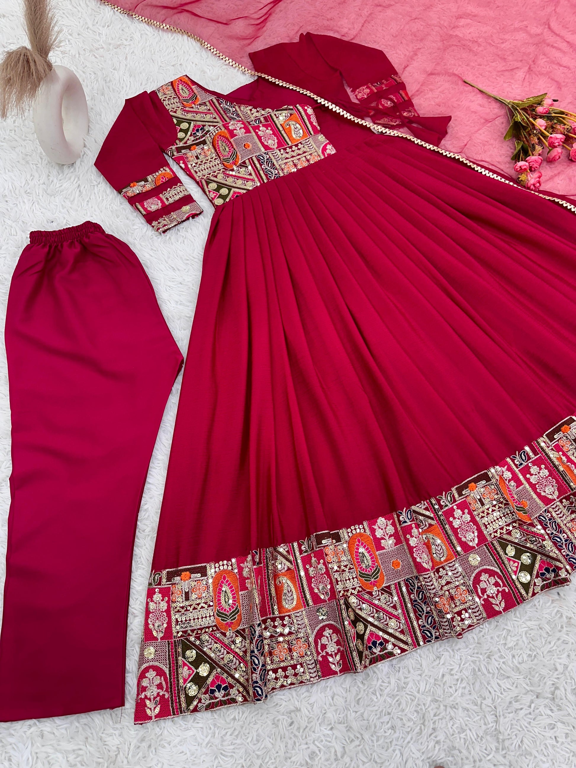 Captivating Red Color Sequence Work Gown With Dupatta
