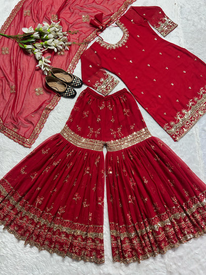 Presenting Georgette Red Color Embroidery Work Sharara Suit