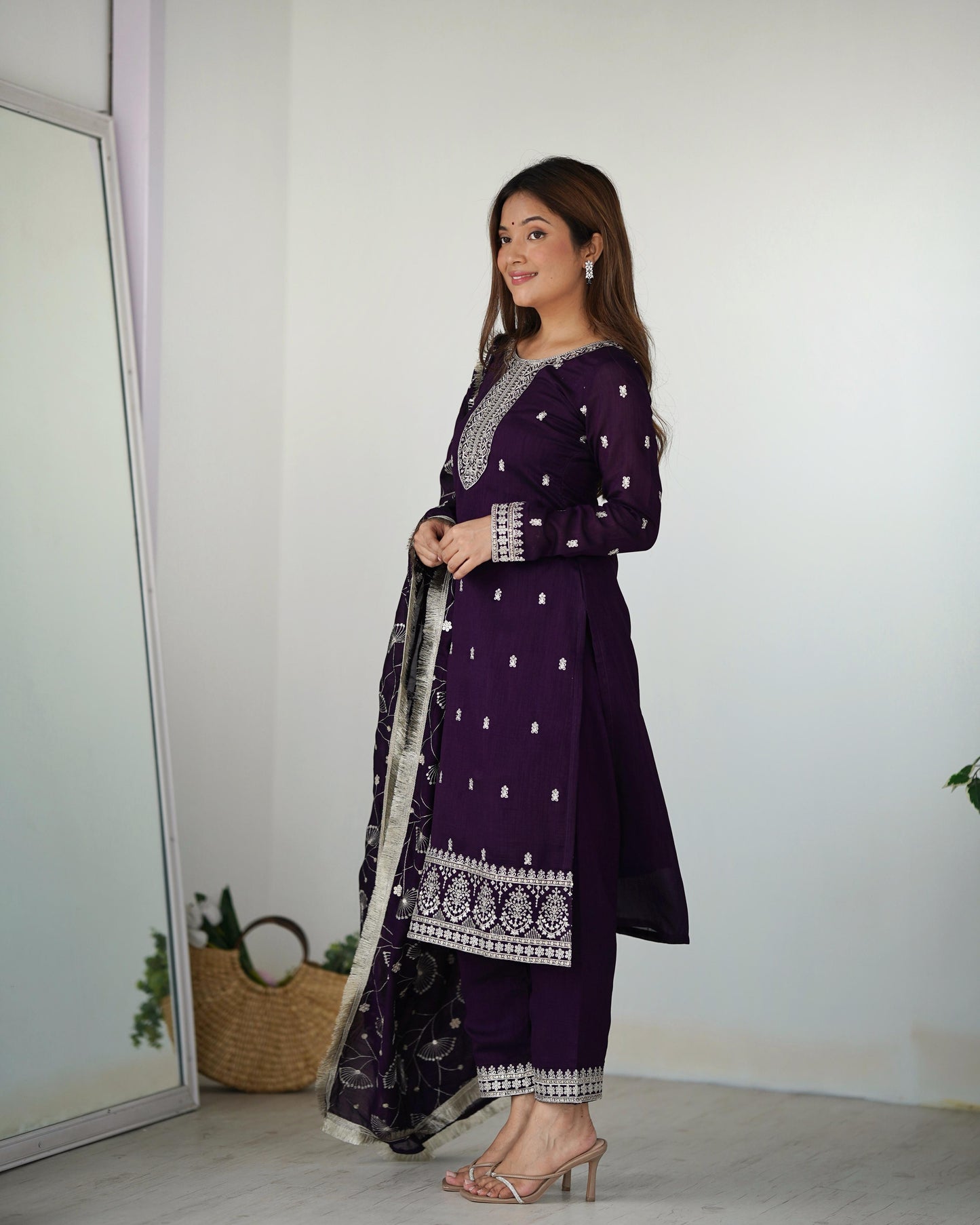 Attractive Wine Color Color Rangoli Silk Fabric Kurta With Dupatta Set