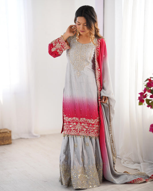 Good Looking Chinon Silk Rivet Moti Grey Color Sharara Suit
