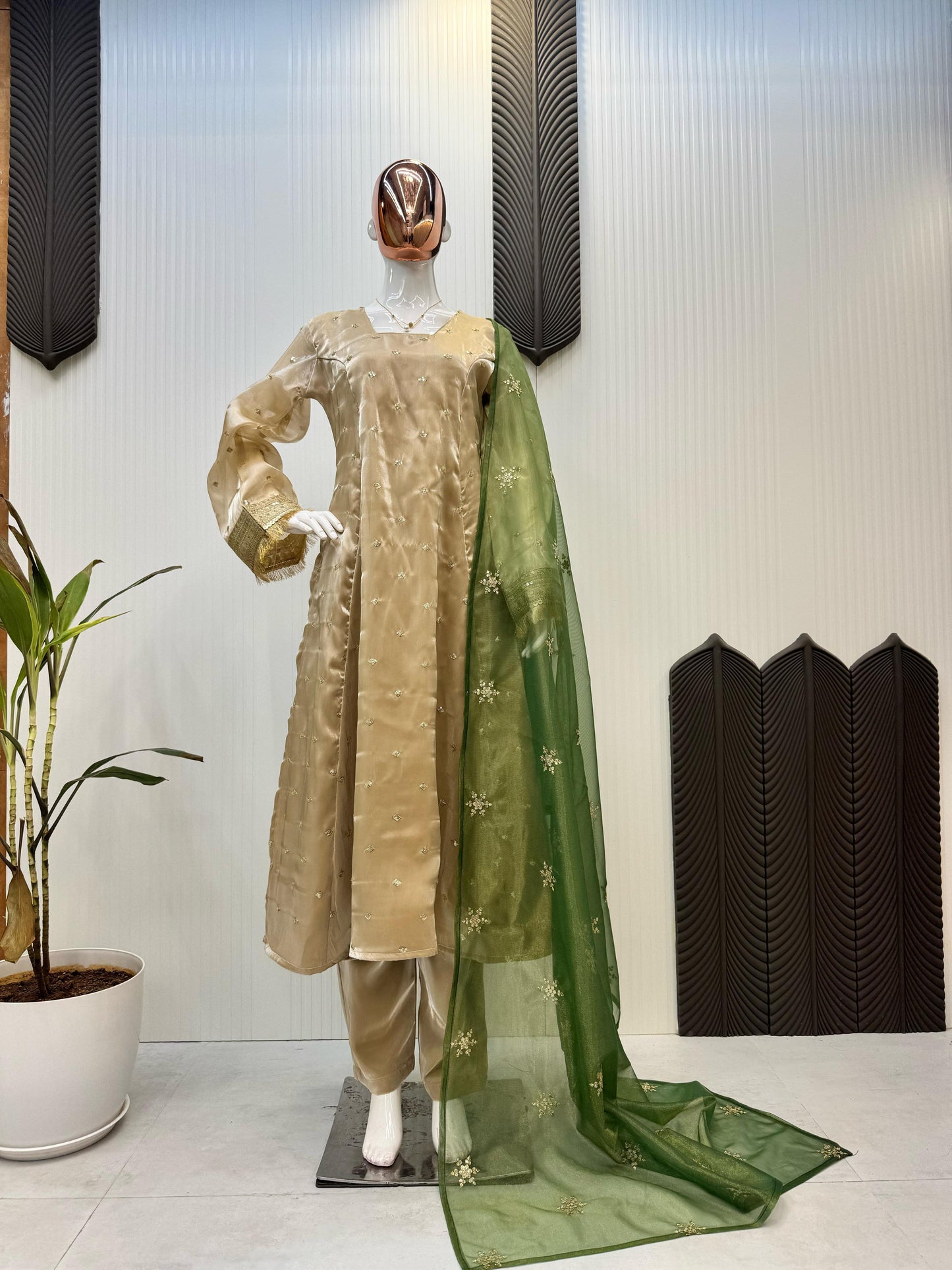 Delightful Embroidery Work Beige Color Salwar Suit With Green Dupatta