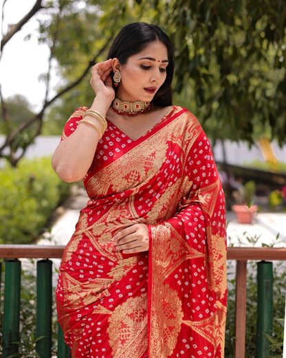 Trendy Zari Weaving Border Red Color Pure Bandhani Saree