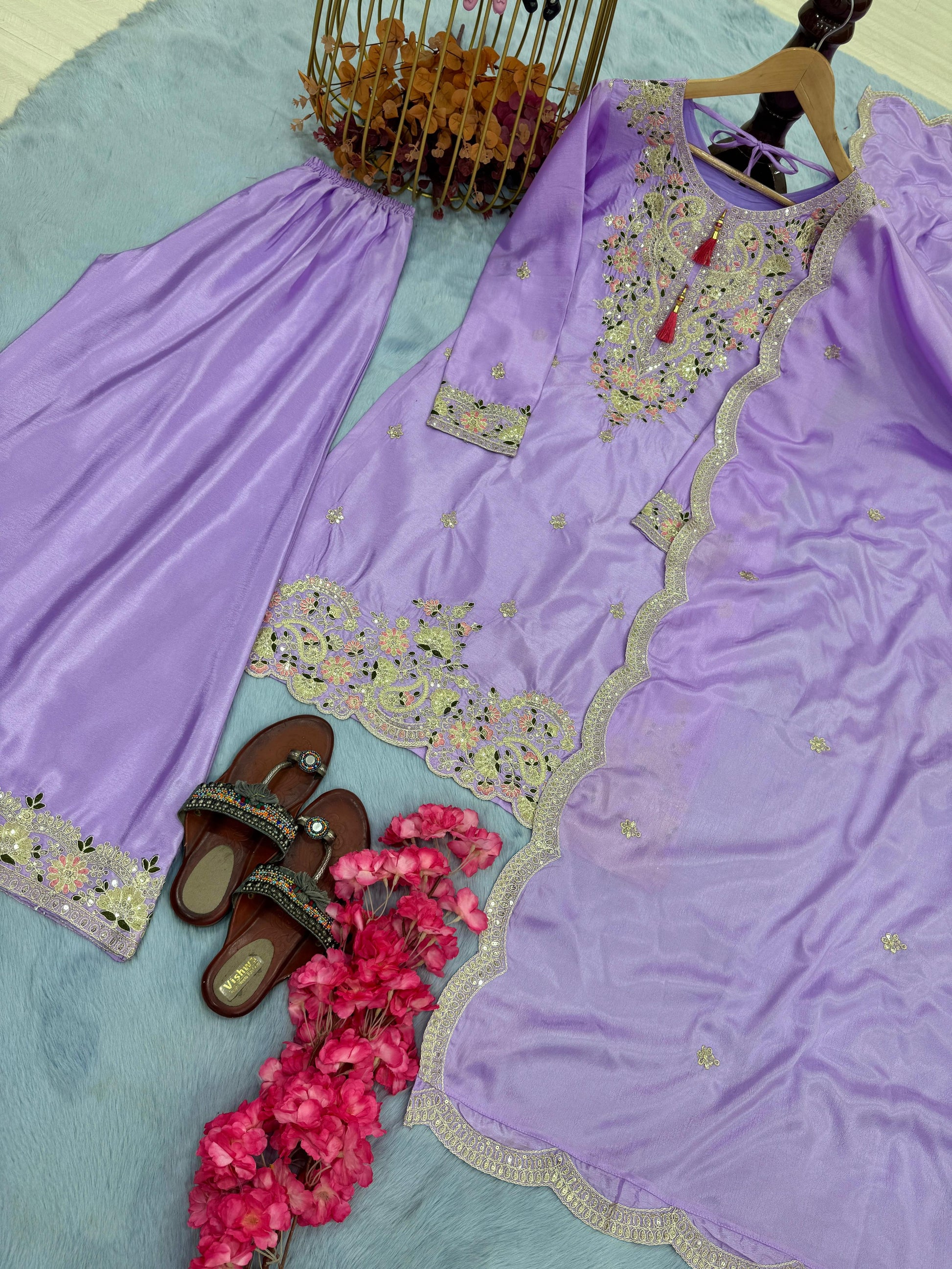 Outstanding Chinon Silk Lavender Color Palazzo Suit