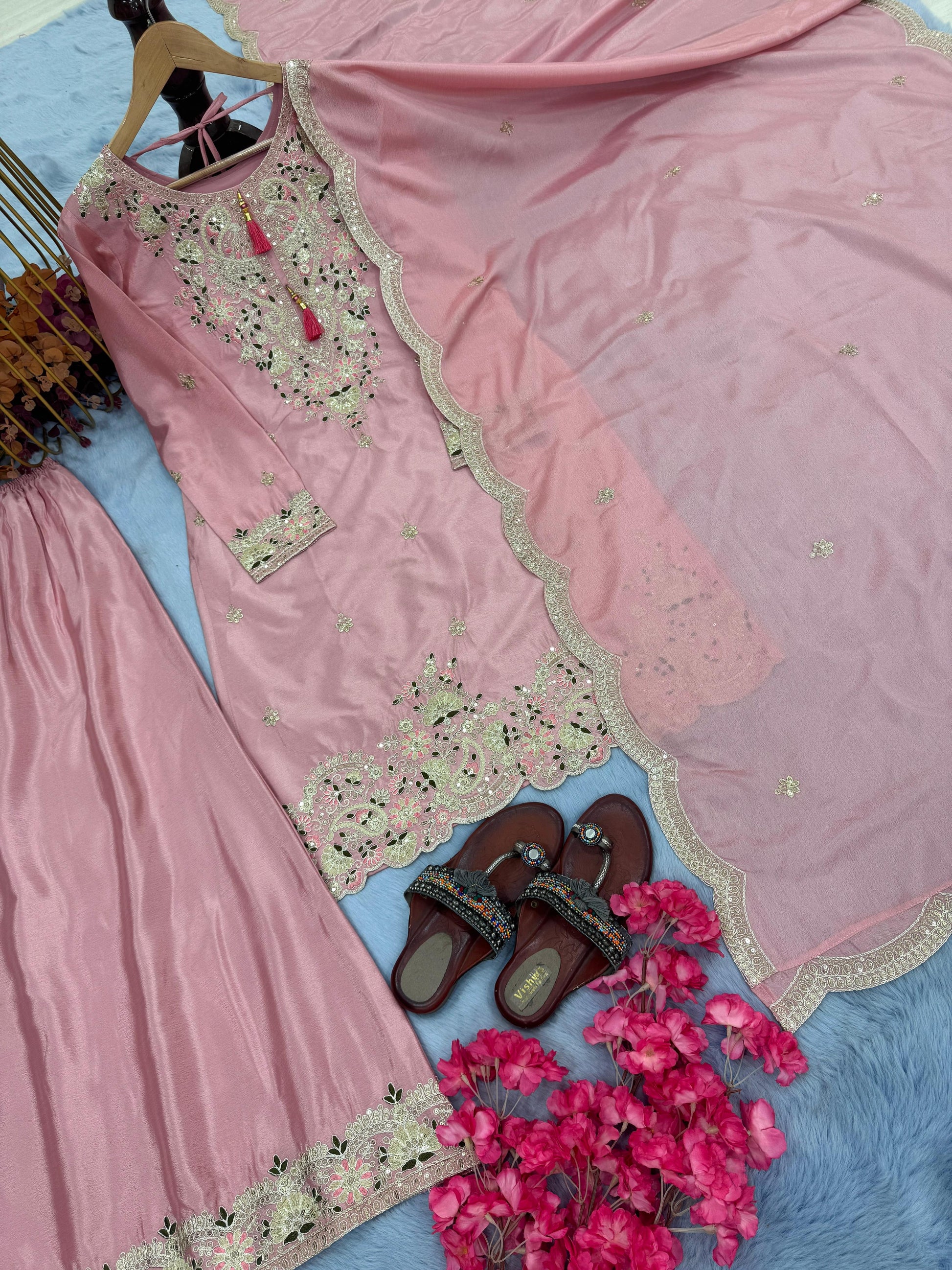 Outstanding Chinon Silk Pink Color Color Palazzo Suit