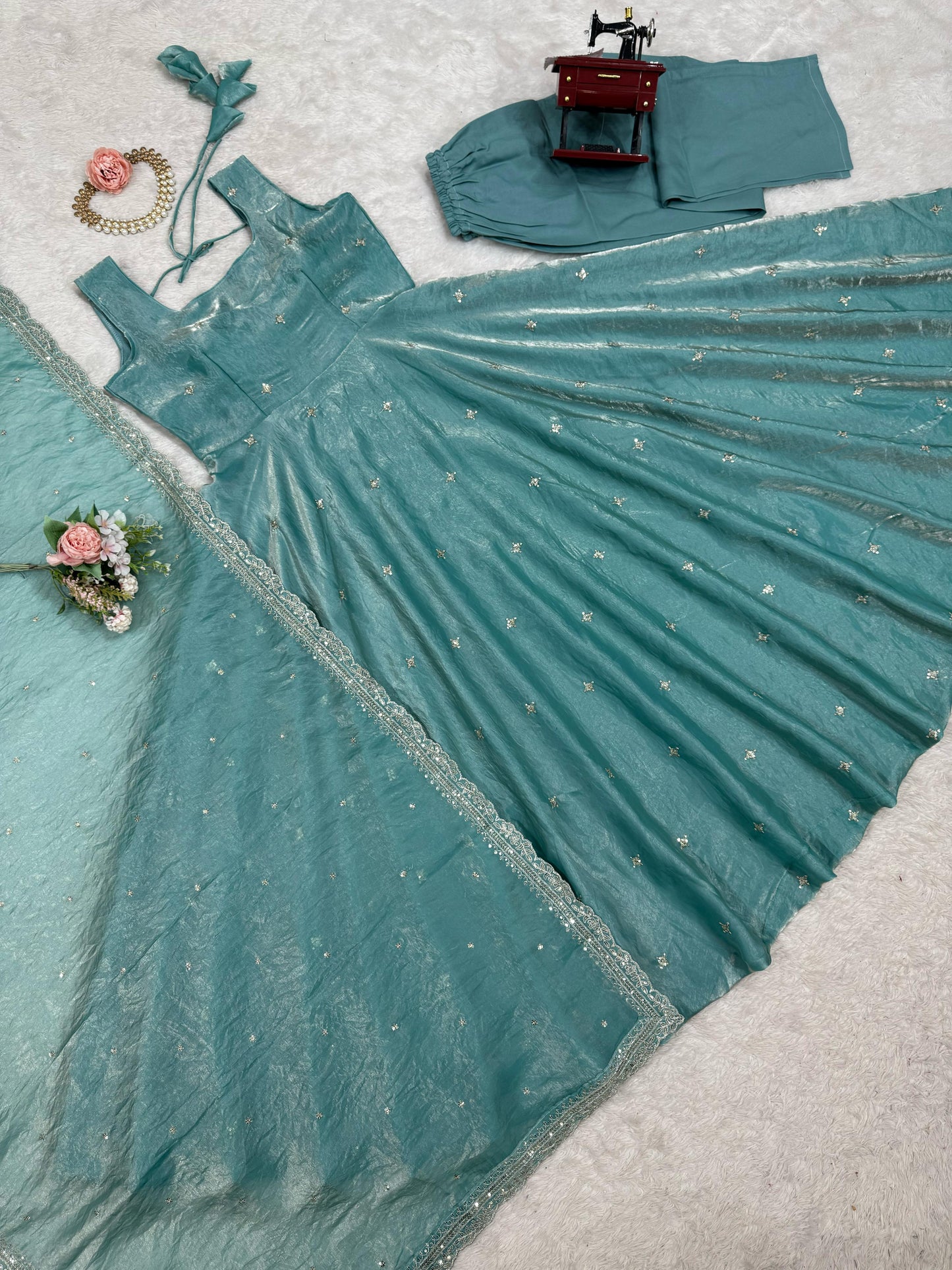 Stylish Thread Work Sky Blue Color Anarkali  Gown