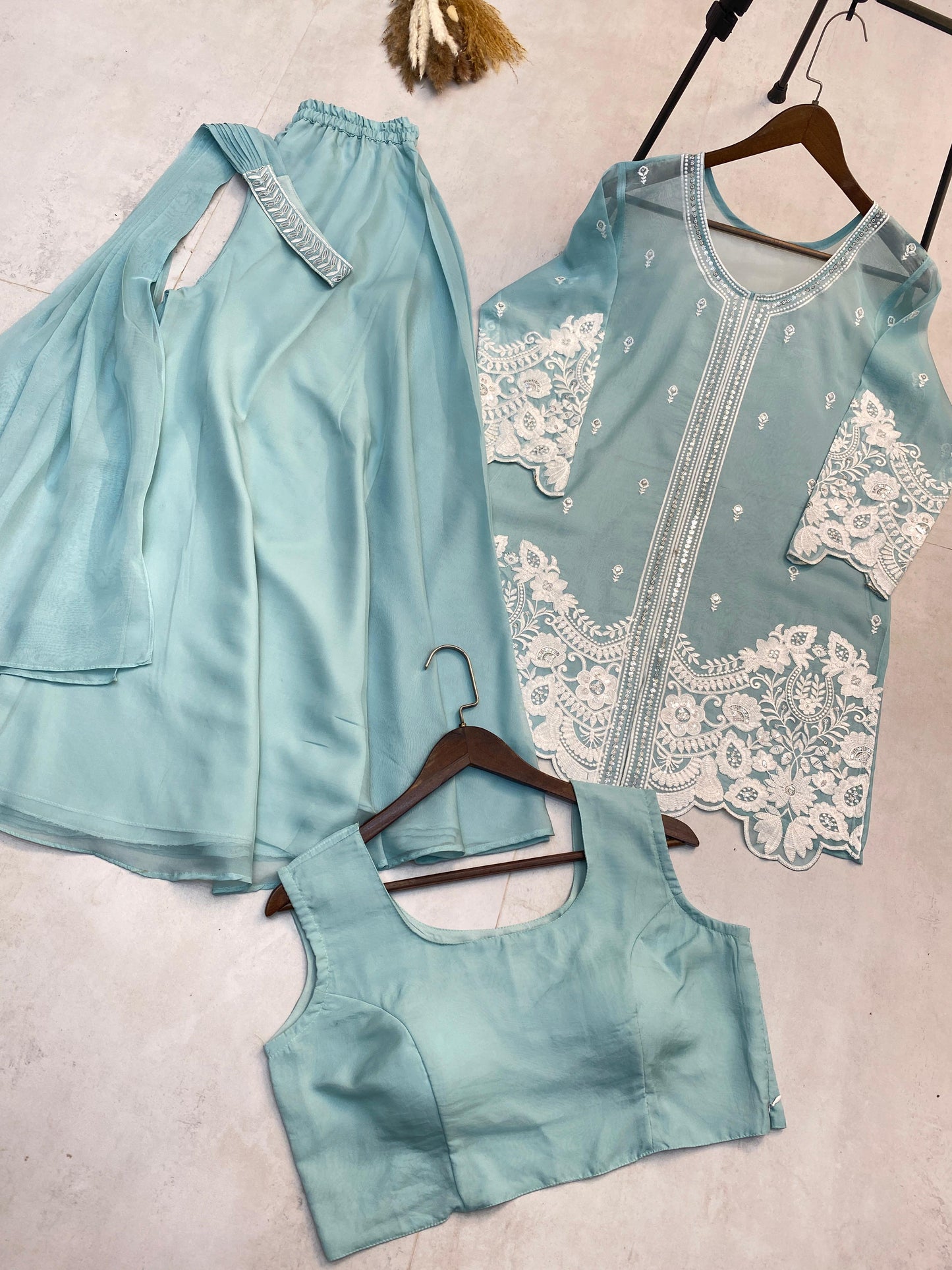 Glimmering Sequence Embroidery Work Sky Blue Color Palazzo Suit