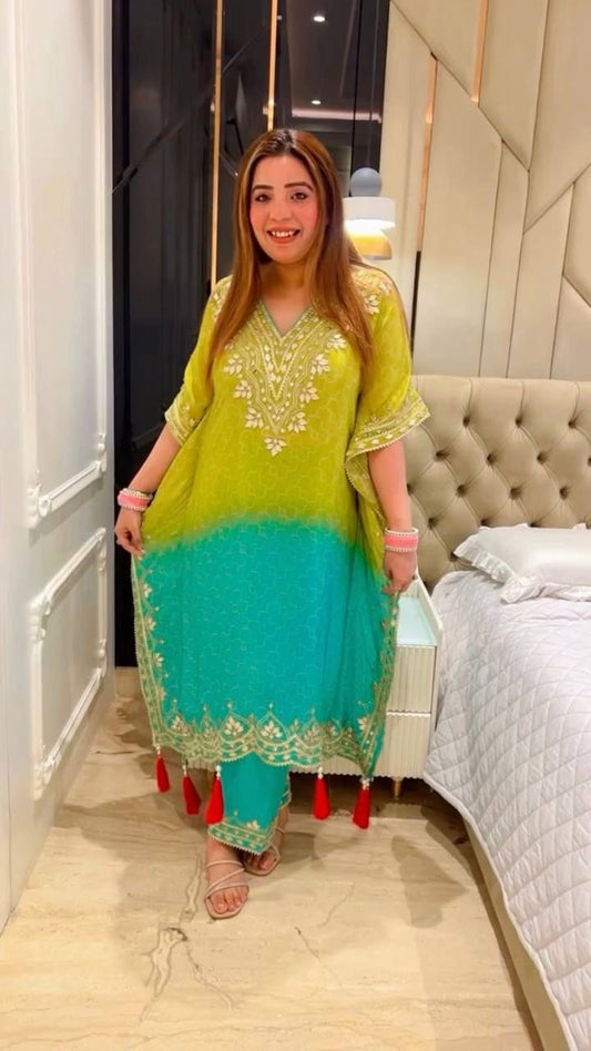 Preferable Chinon Embroidered Work Lemon Multi Color Kaftani Dress