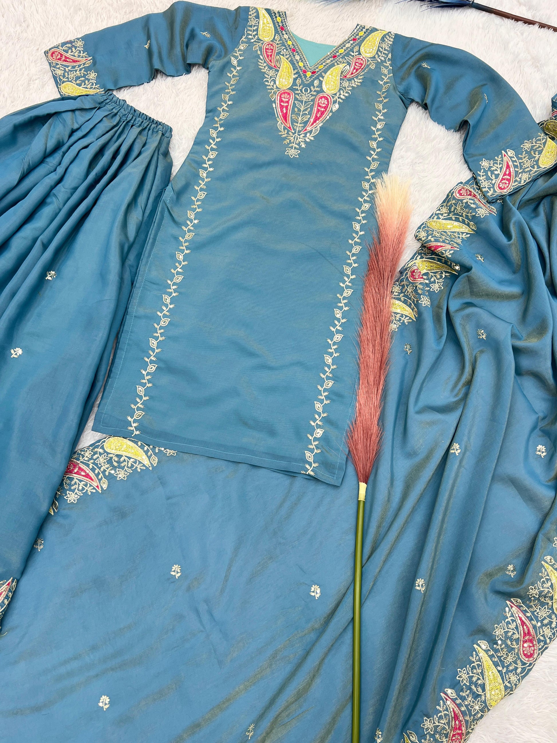 Imposing Roman Embroidery Work Blue Color Palazzo Suit