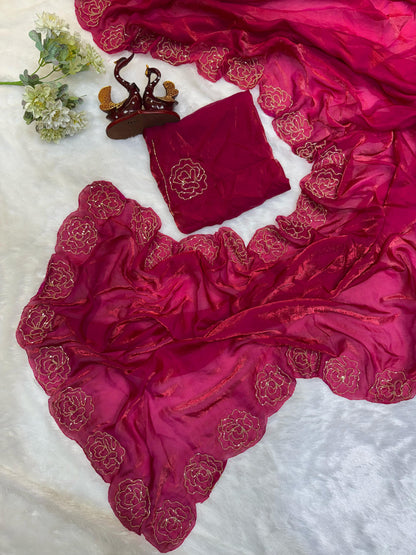 Fantastic Beautiful Katdana handwork Pink Color saree