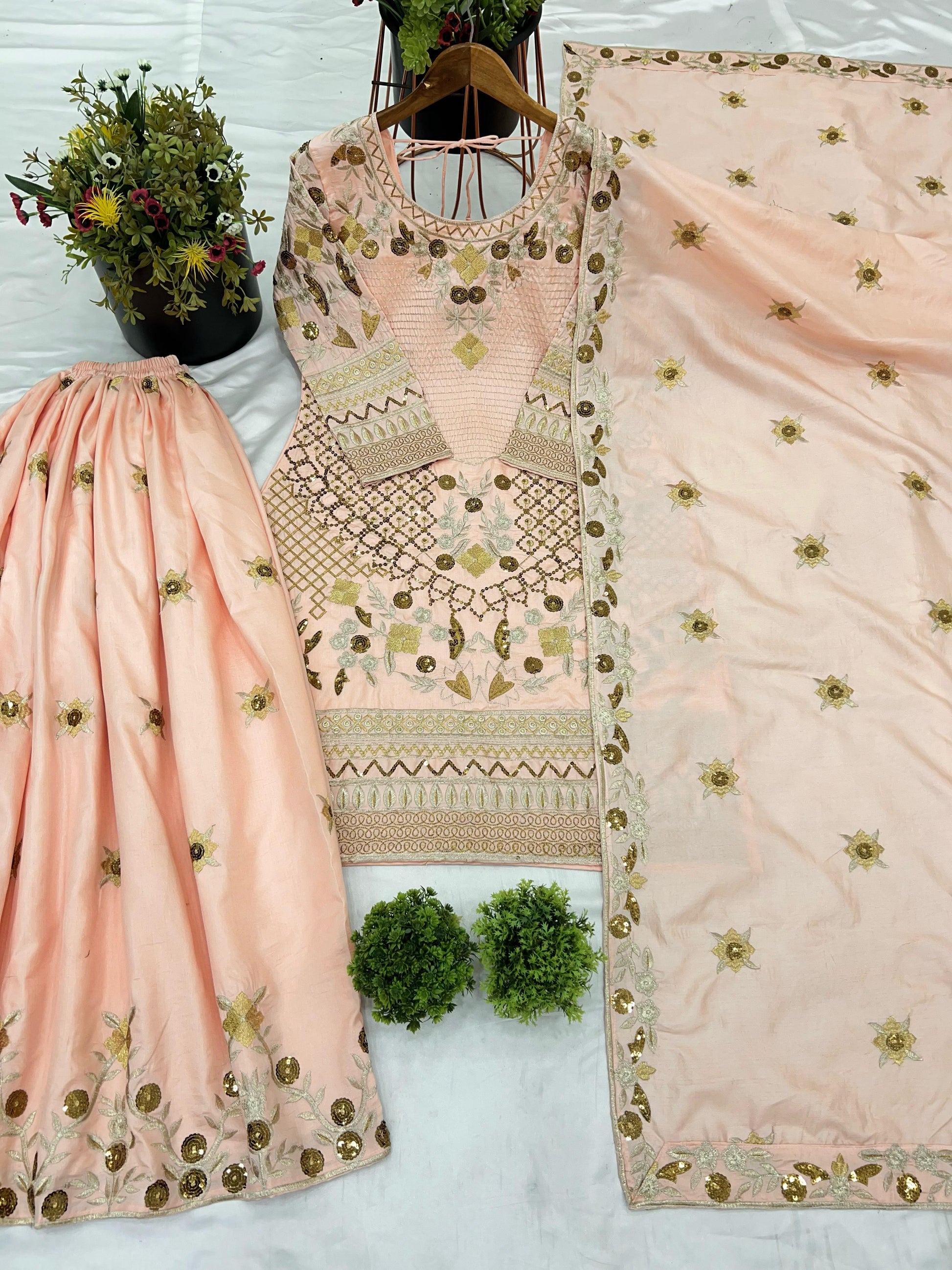 Elegant Jalpari Cotton Embroidery Work Peach Color Sharara Suit