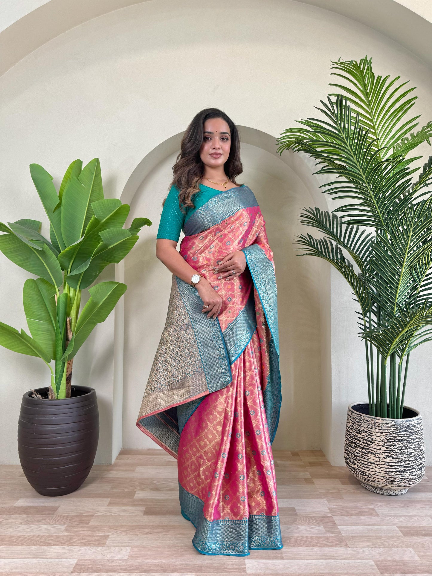 Designer Silk Zari Weaving Pink Color Saree