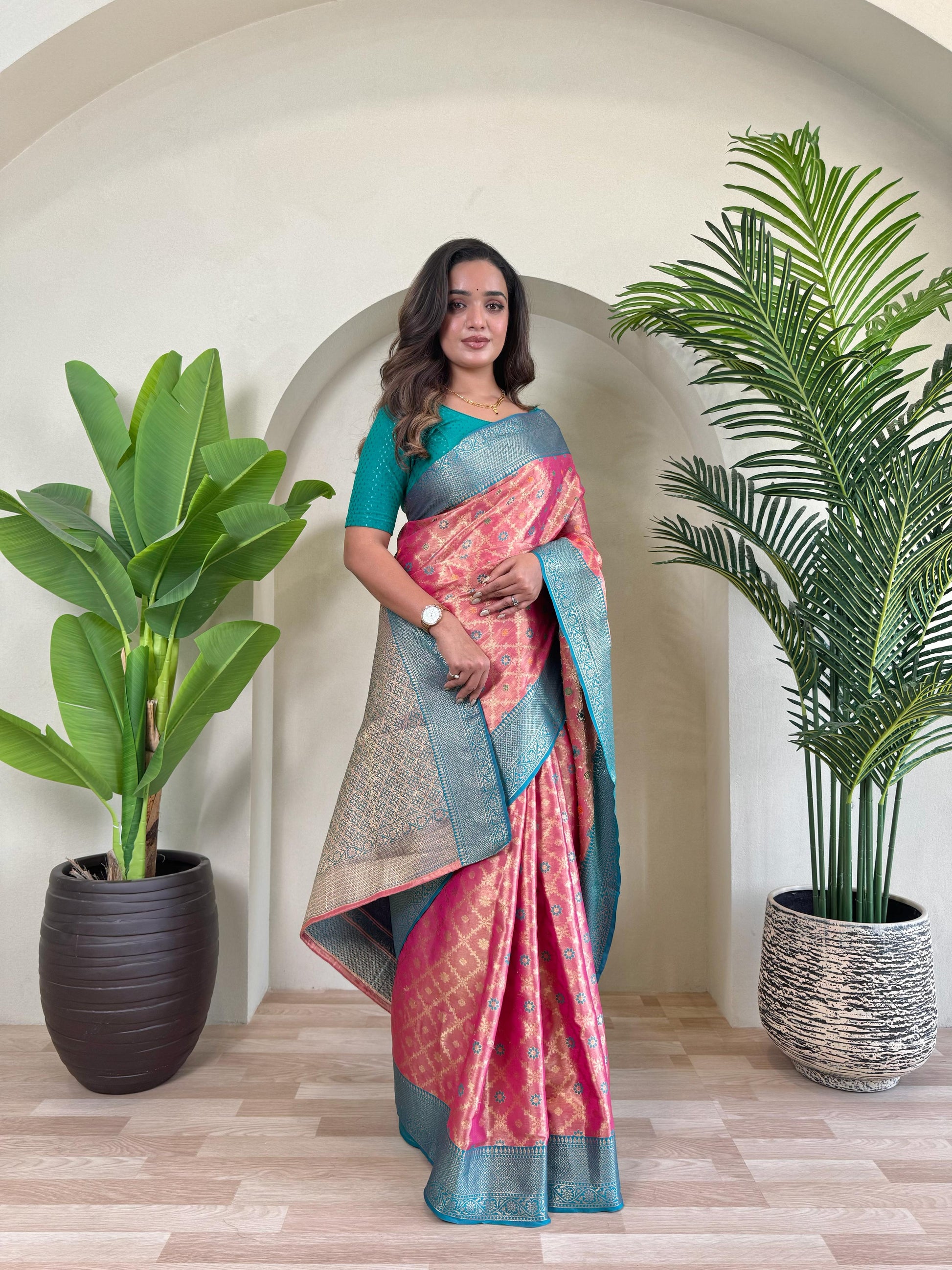 Designer Silk Zari Weaving Pink Color Saree