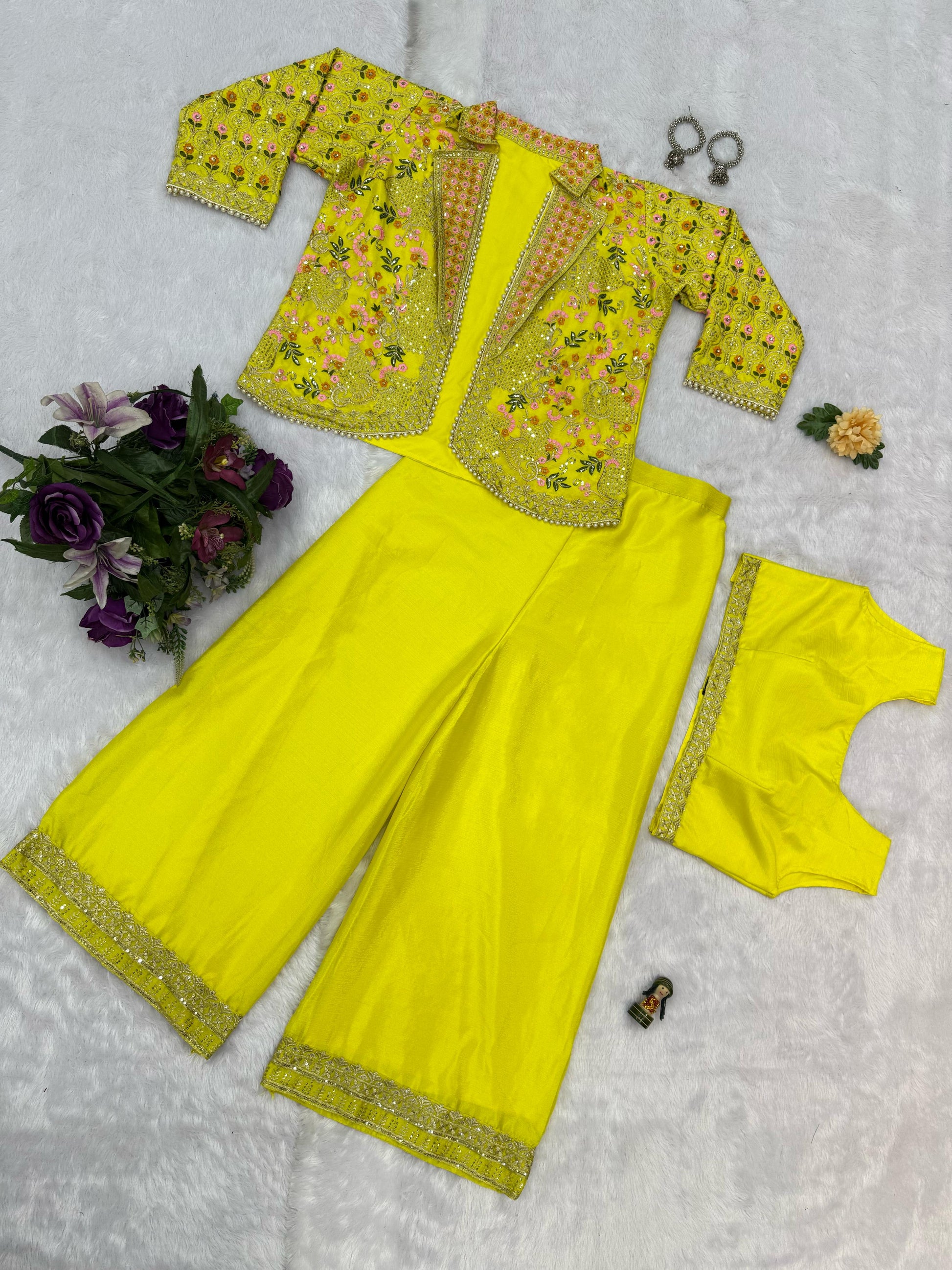 Flattering Chinon Lemon Color Palazzo Top With Koti