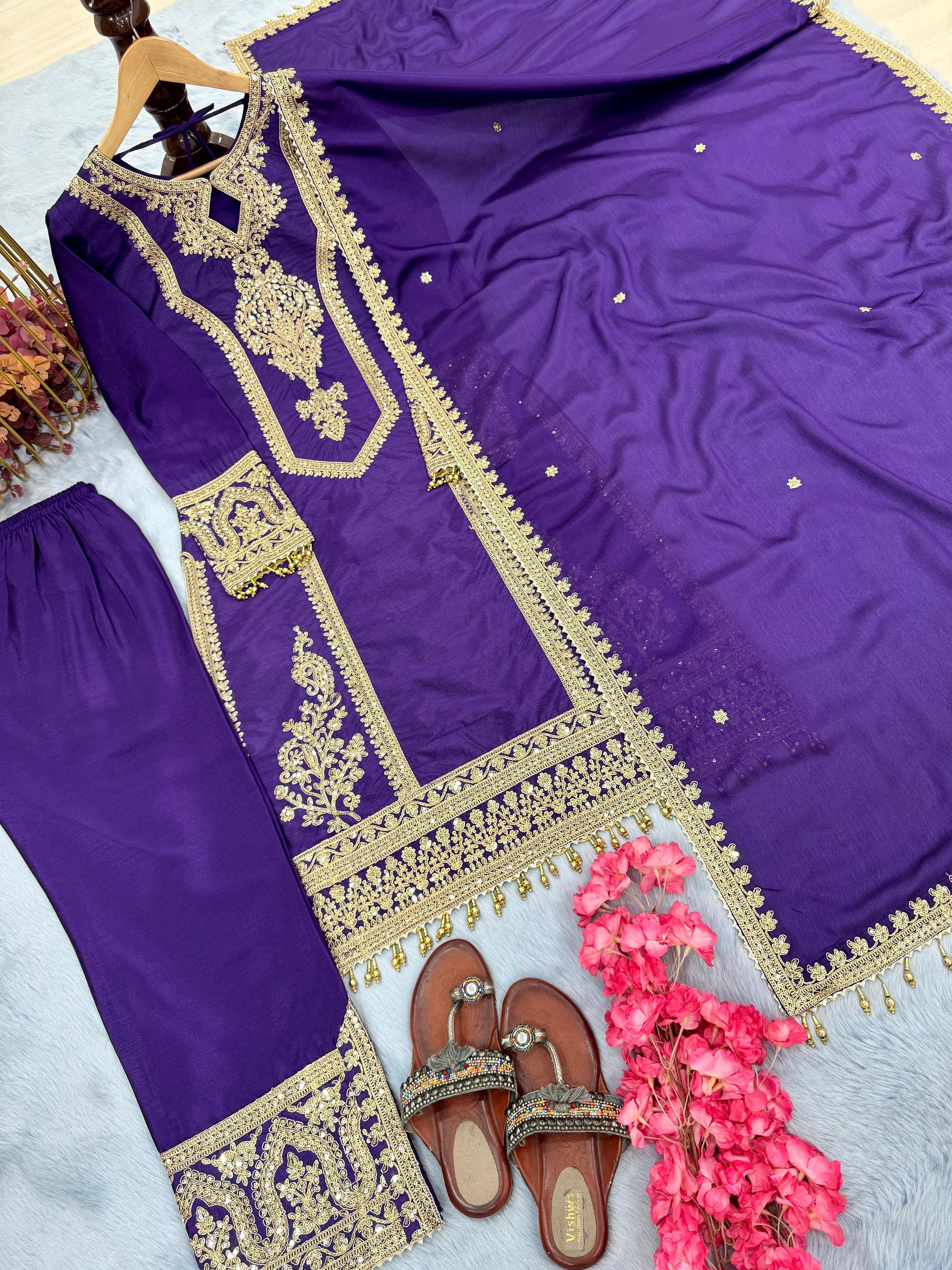 Imposing Chinon Silk Purple Color Top With Plazzo