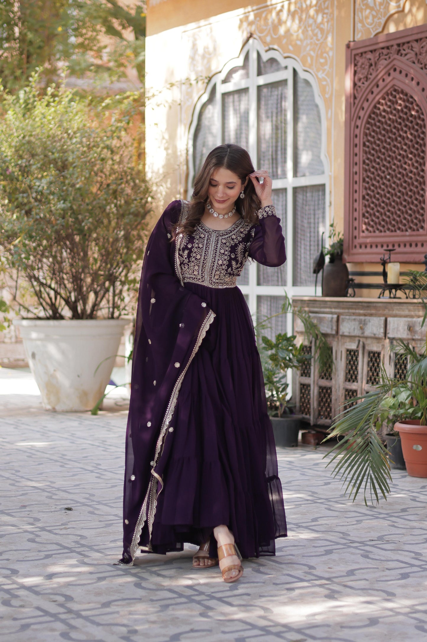 Awesome Embroidery Pearl Work Purple Color Gown