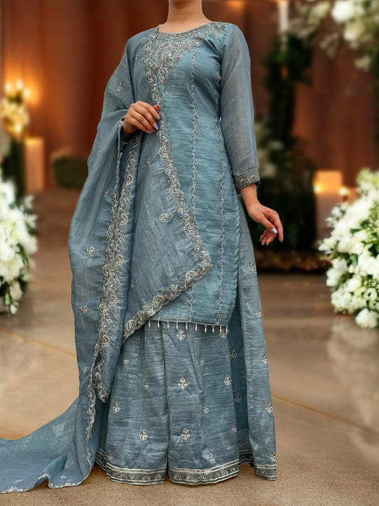 Designer Crush Silk Teal Blue Color Palazzo Suit
