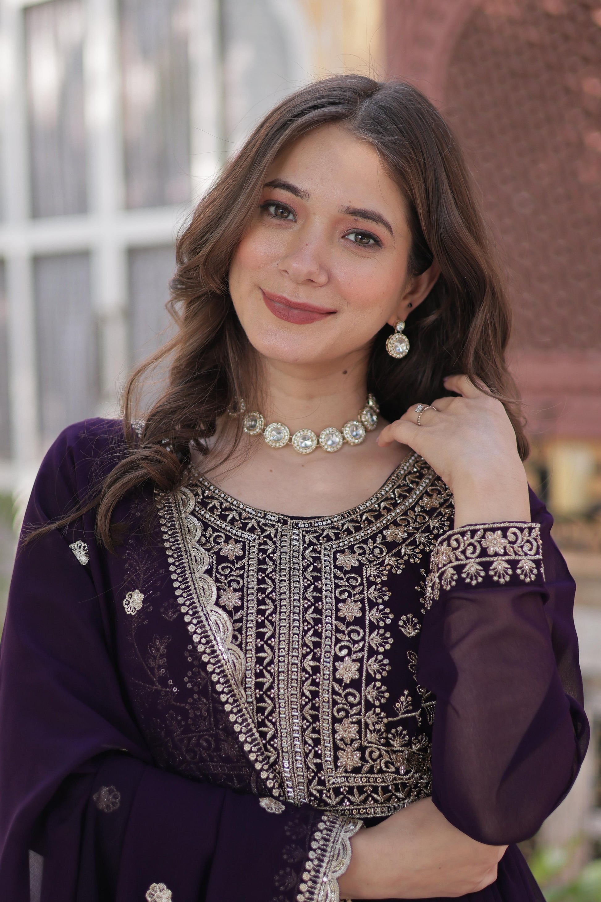 Awesome Embroidery Pearl Work Purple Color Gown