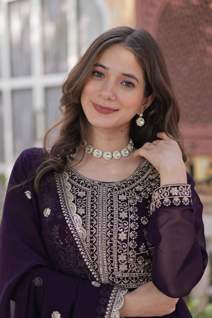 Awesome Embroidery Pearl Work Purple Color Gown