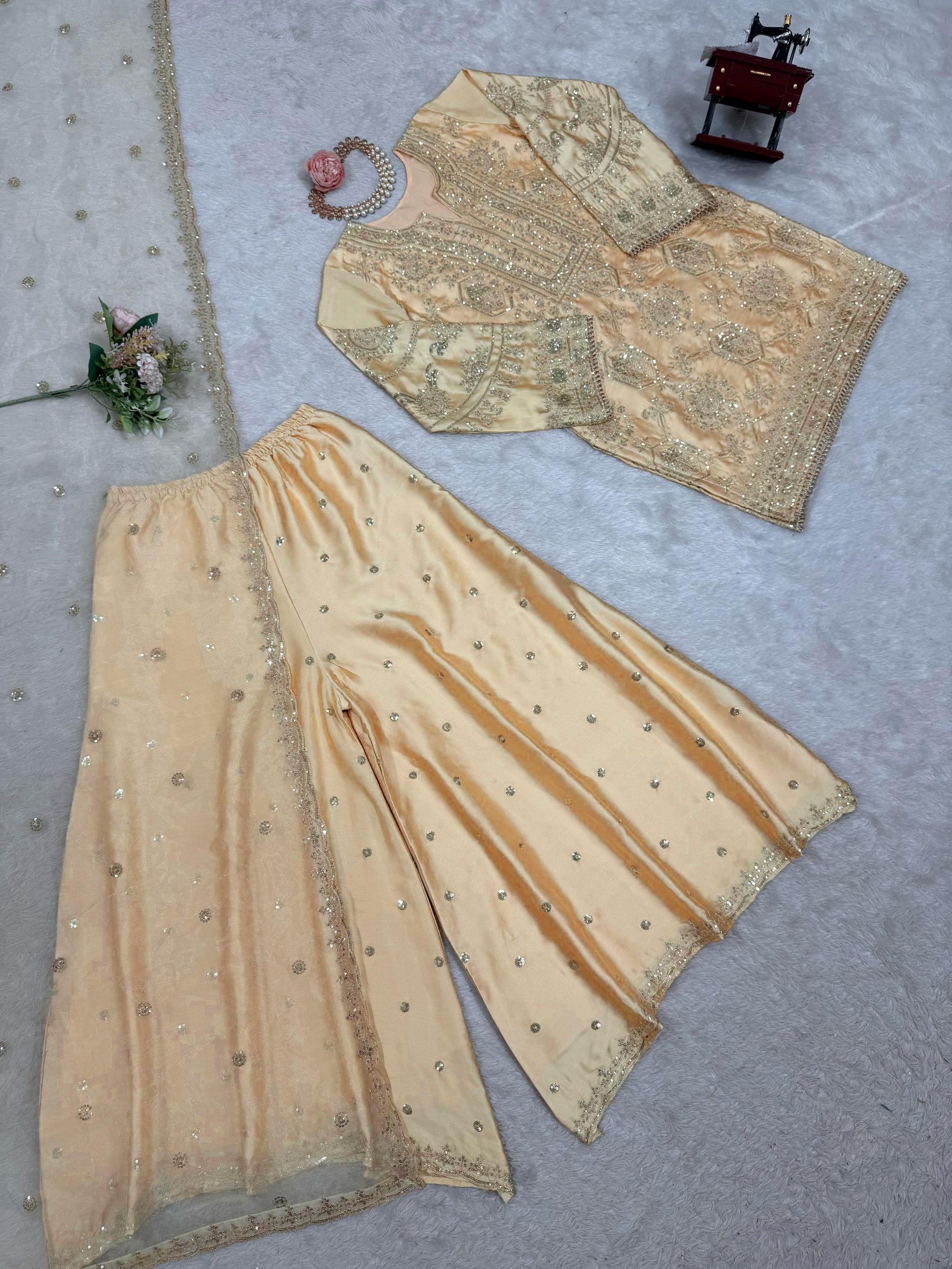 Stunning Cream Color Sequence Work Sharara Suit
