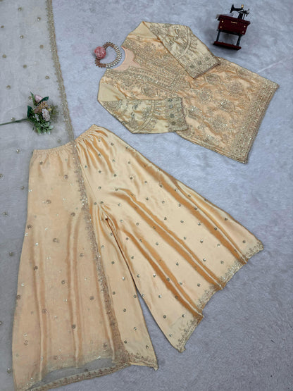Stunning Cream Color Sequence Work Sharara Suit