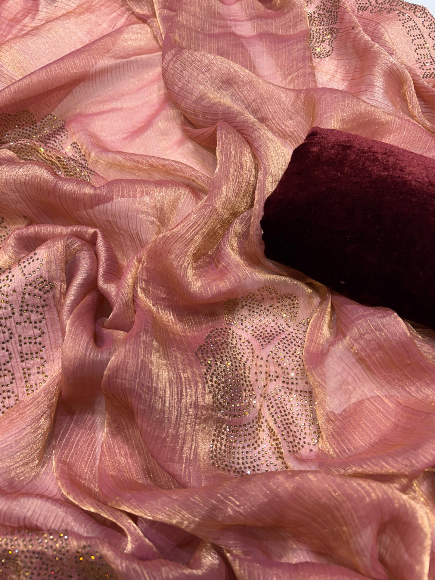 Ravishing Chiffon Silk Diamond Work Peach Color Saree
