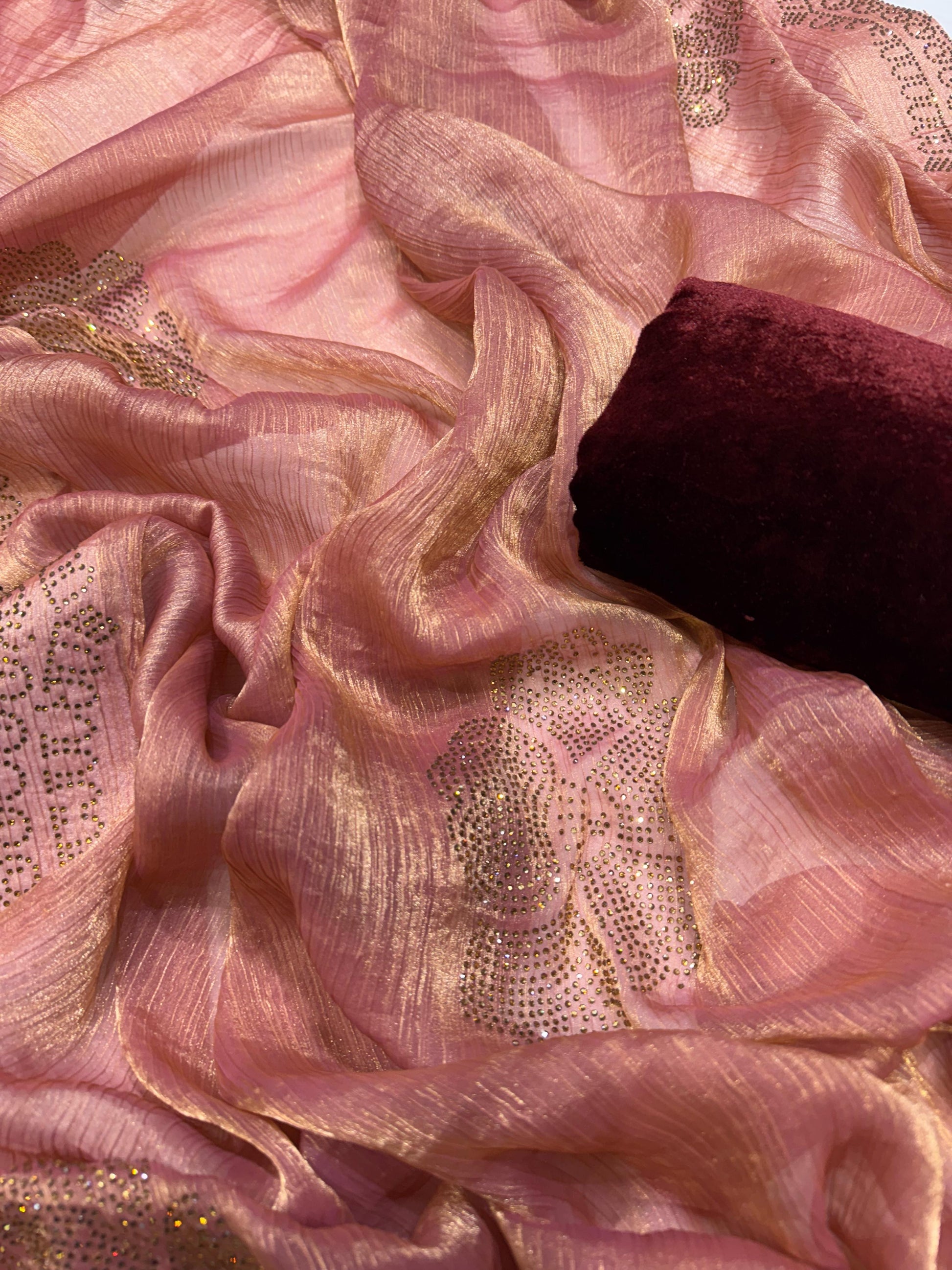 Ravishing Chiffon Silk Diamond Work Peach Color Saree