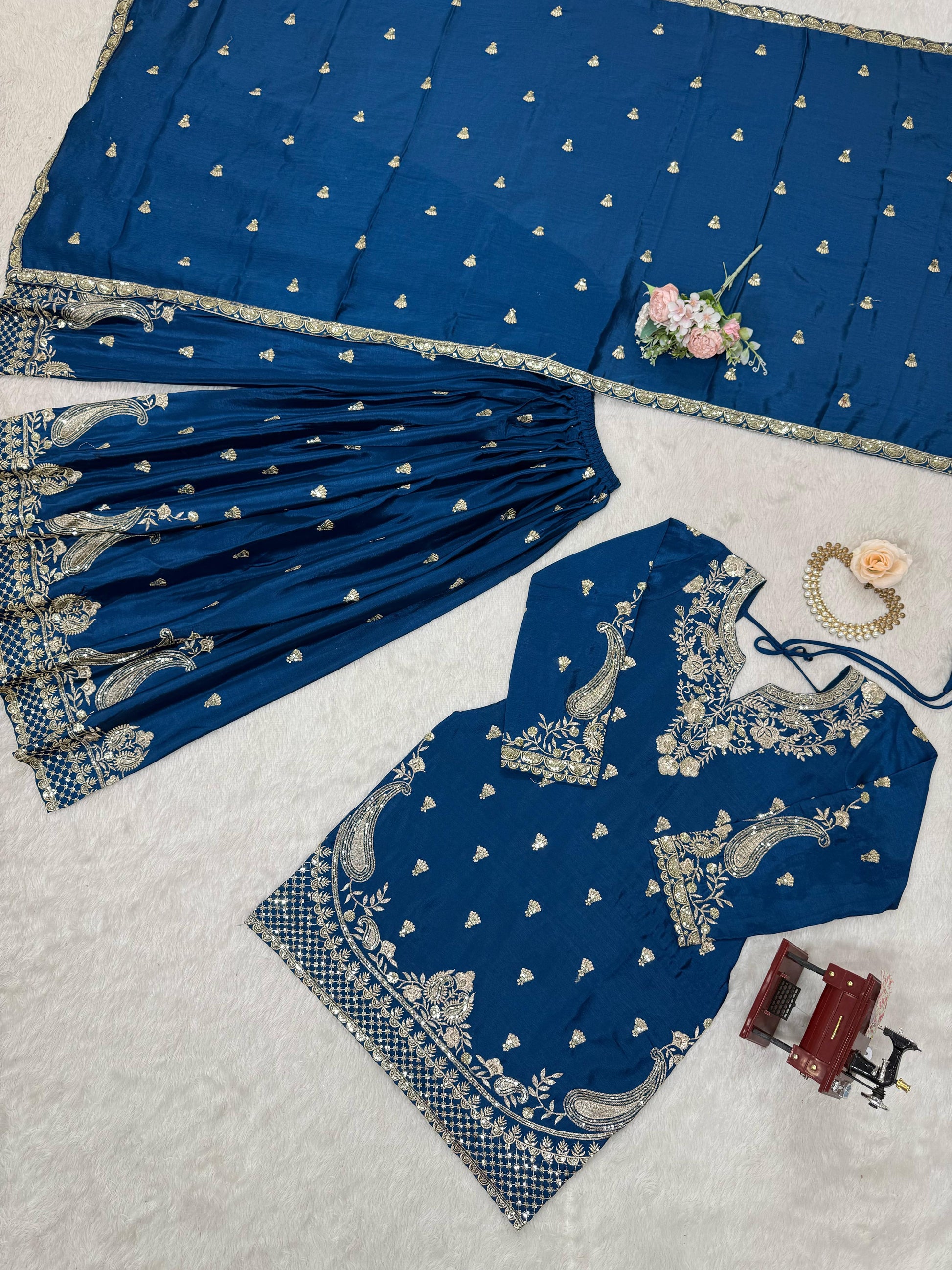Wonderful Chinon Silk Navy Blue Color Palazzo Suit