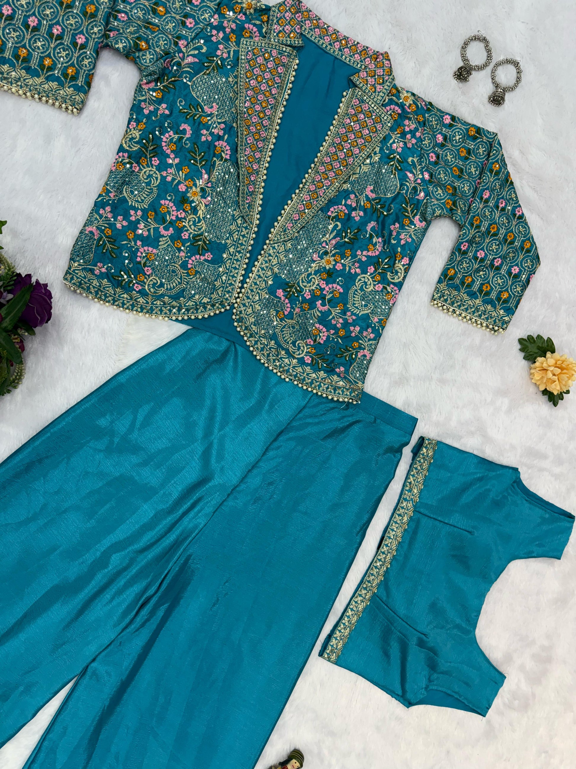 Flattering Chinon Teal Blue Color Palazzo Top With Koti