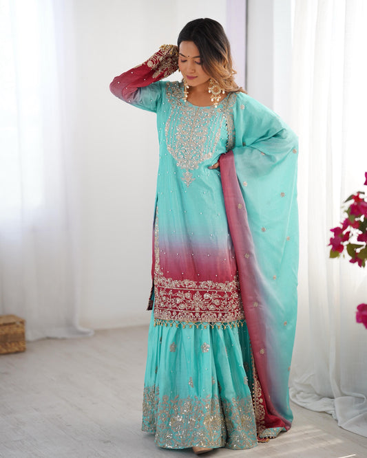 Good Looking Chinon Silk Rivet Moti Sky Blue Color Sharara Suit