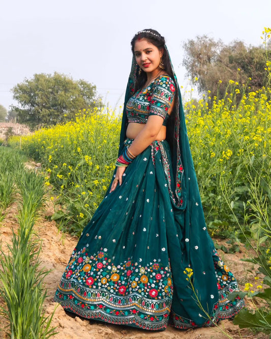 Multi Thread Work Georgette Green Color Lehenga Choli