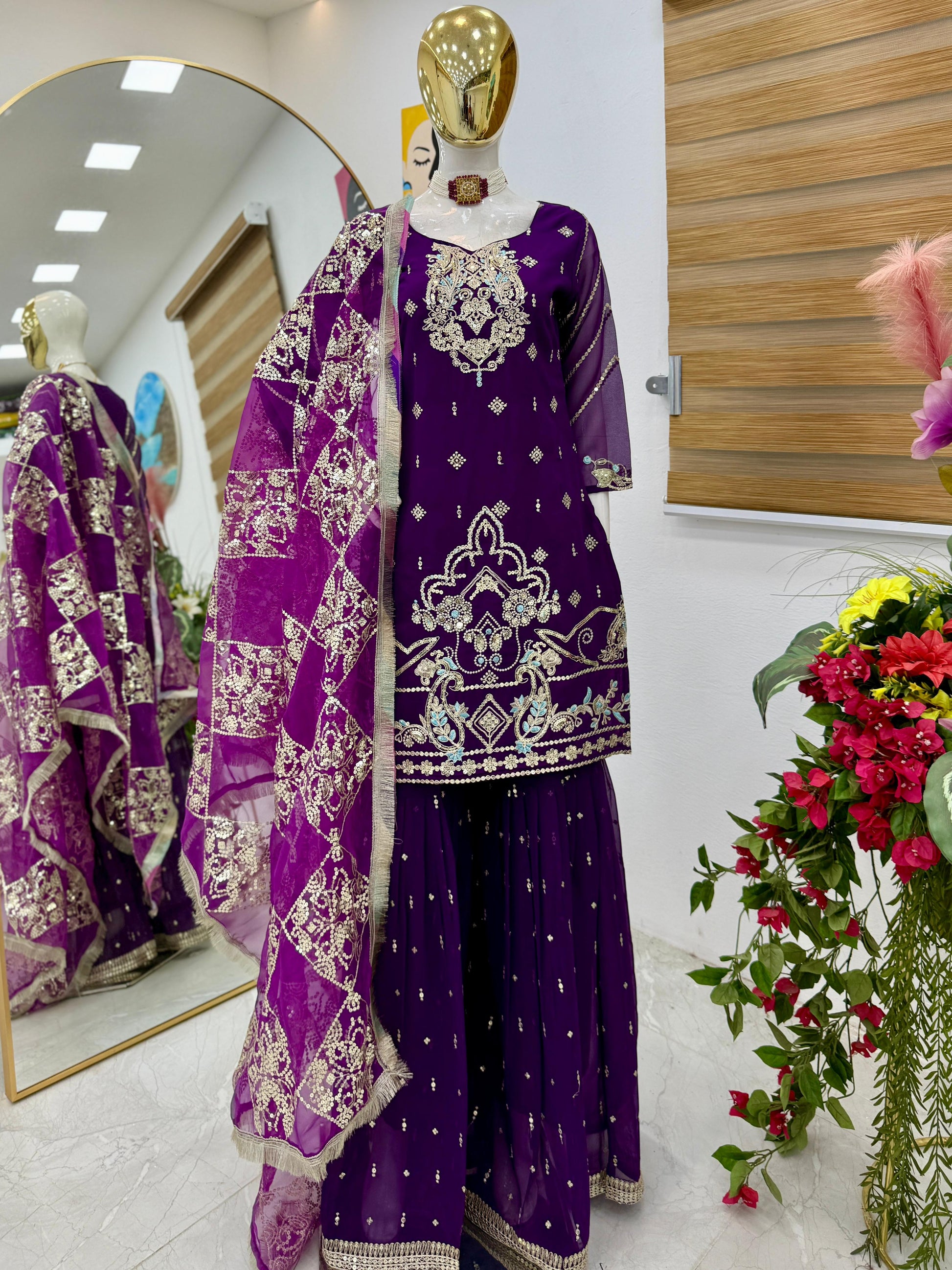 Captivating Embroidery Work Purple Color Palazzo Suit