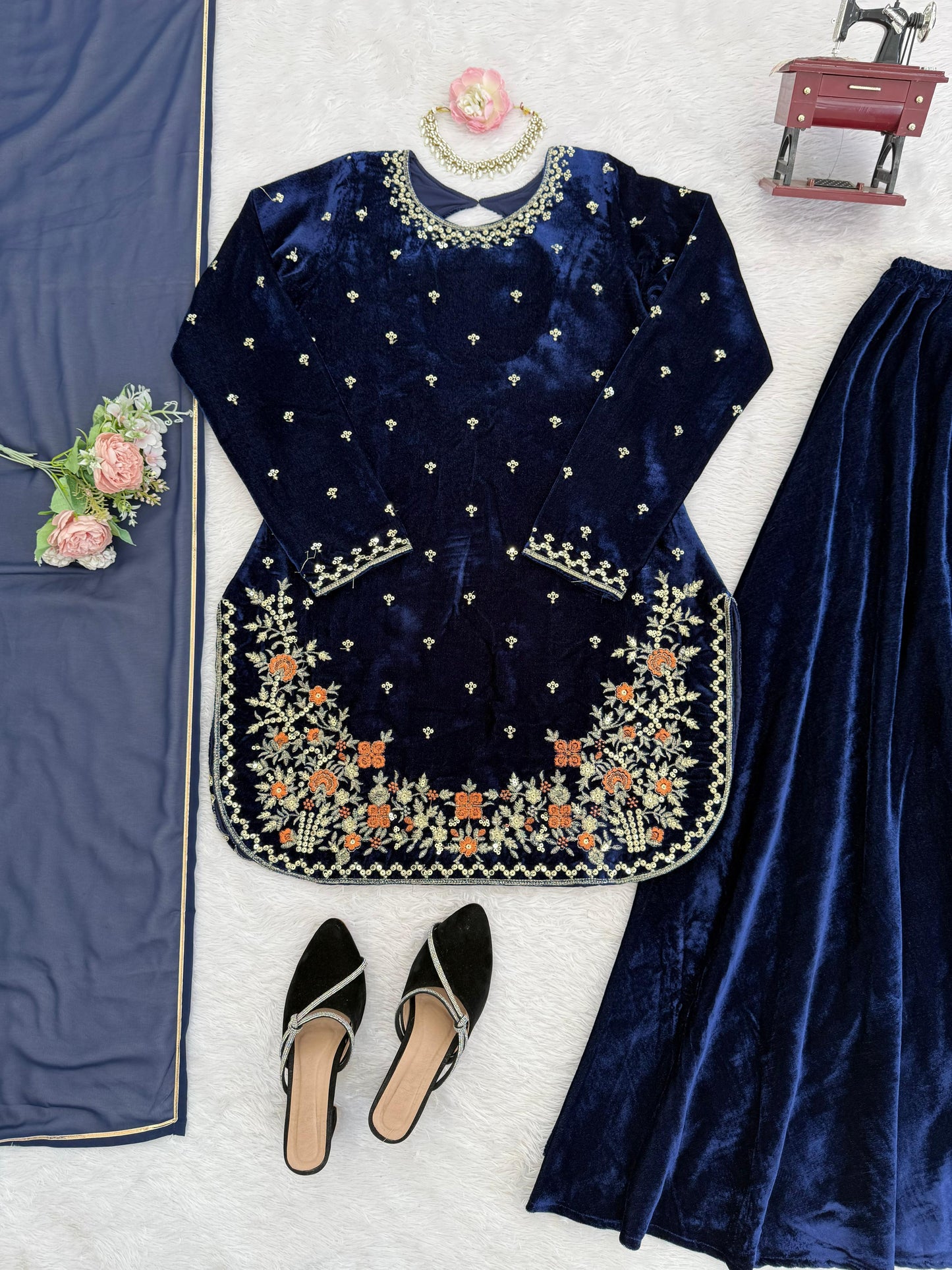 Stylish Blue Velvet with Sequence Work Plazo Suit