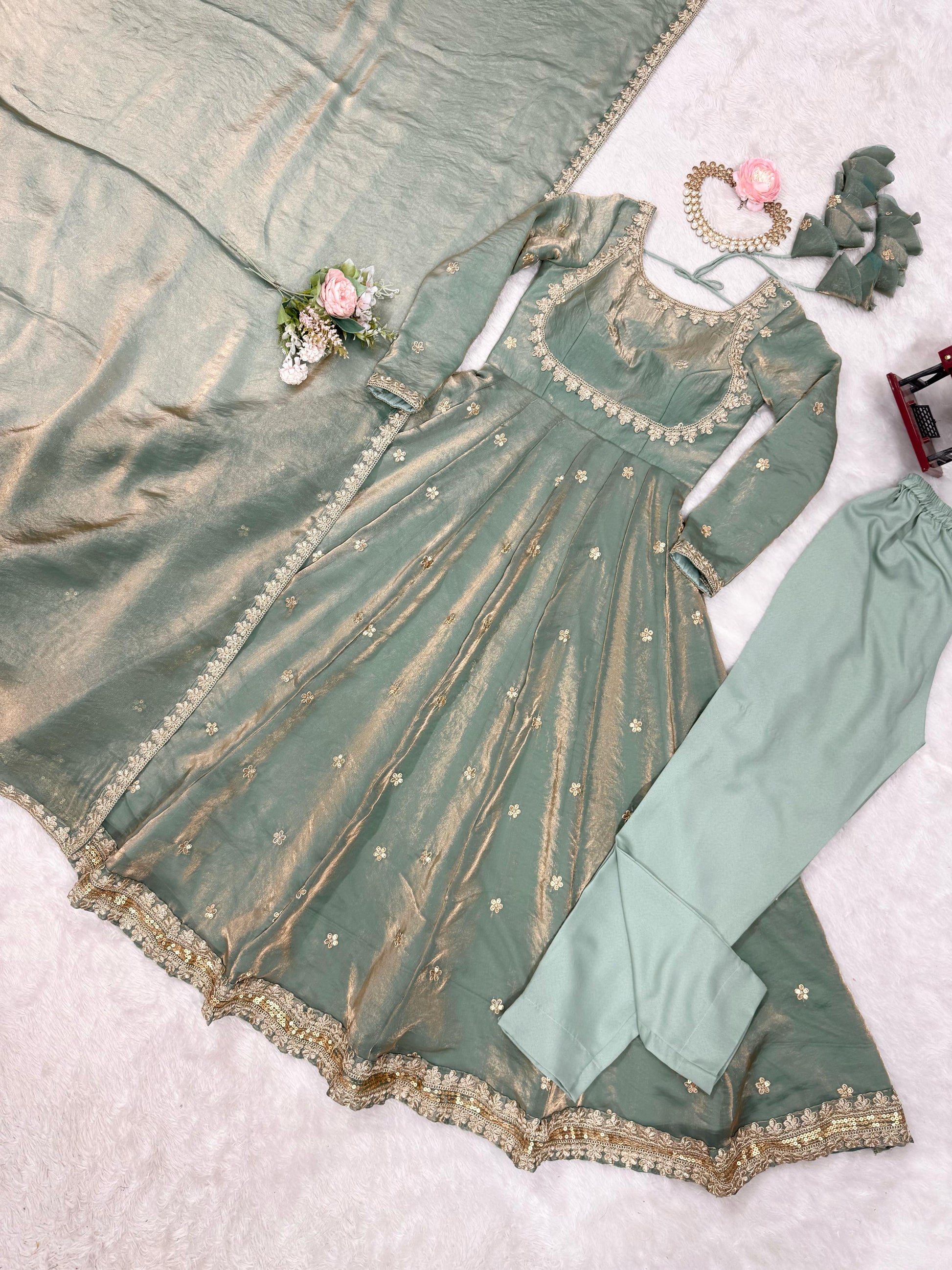 Fancy Sequence Work Green Color Silk Gown