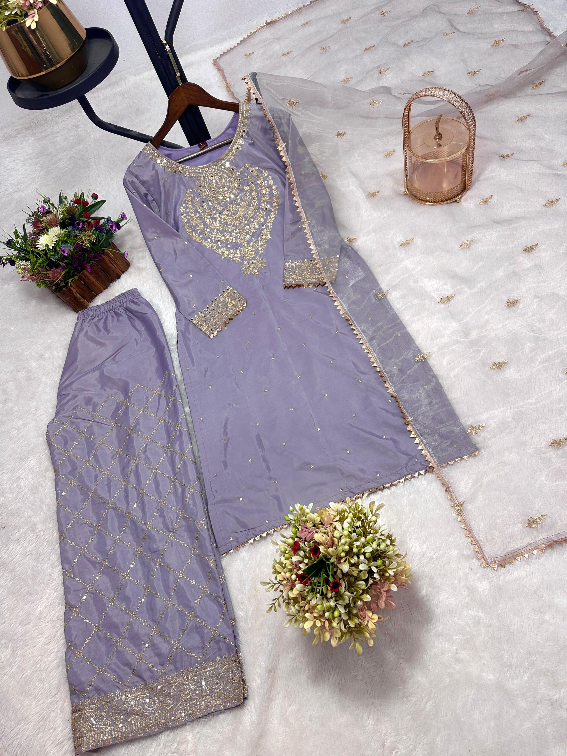 Glimmering Heavy Work Lavender Color Palazzo Suit