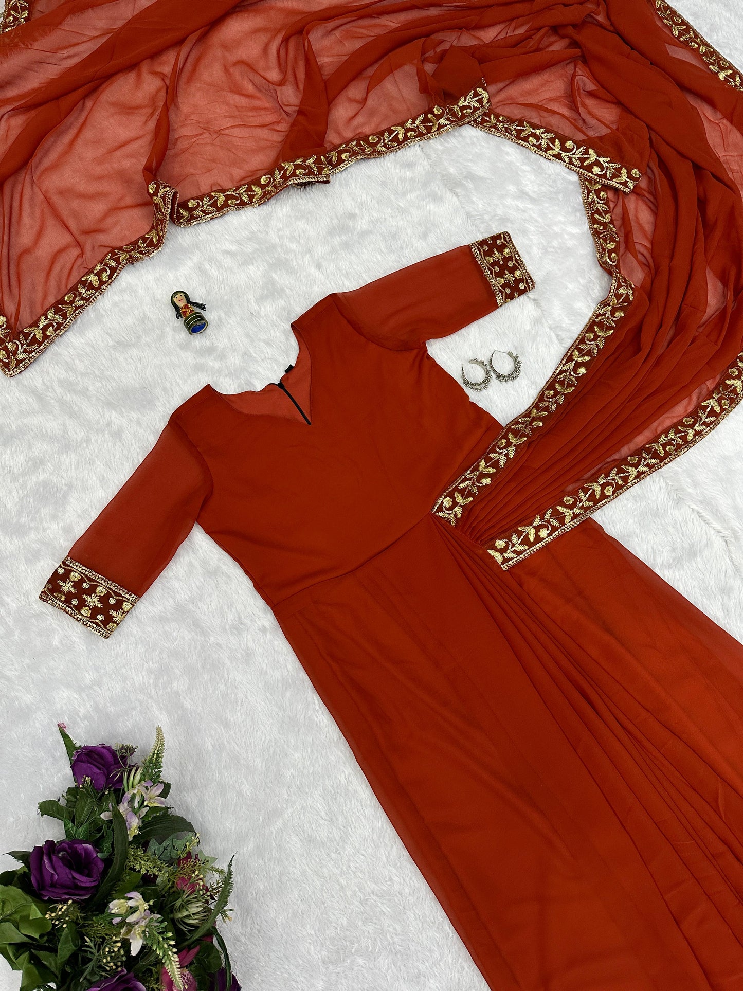 Good Looking Embroidery Work Orange Color Saree Gown