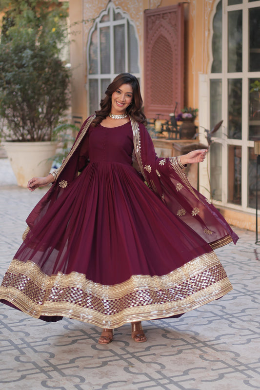 Good Looking Sequins Work Maroon Color Gown