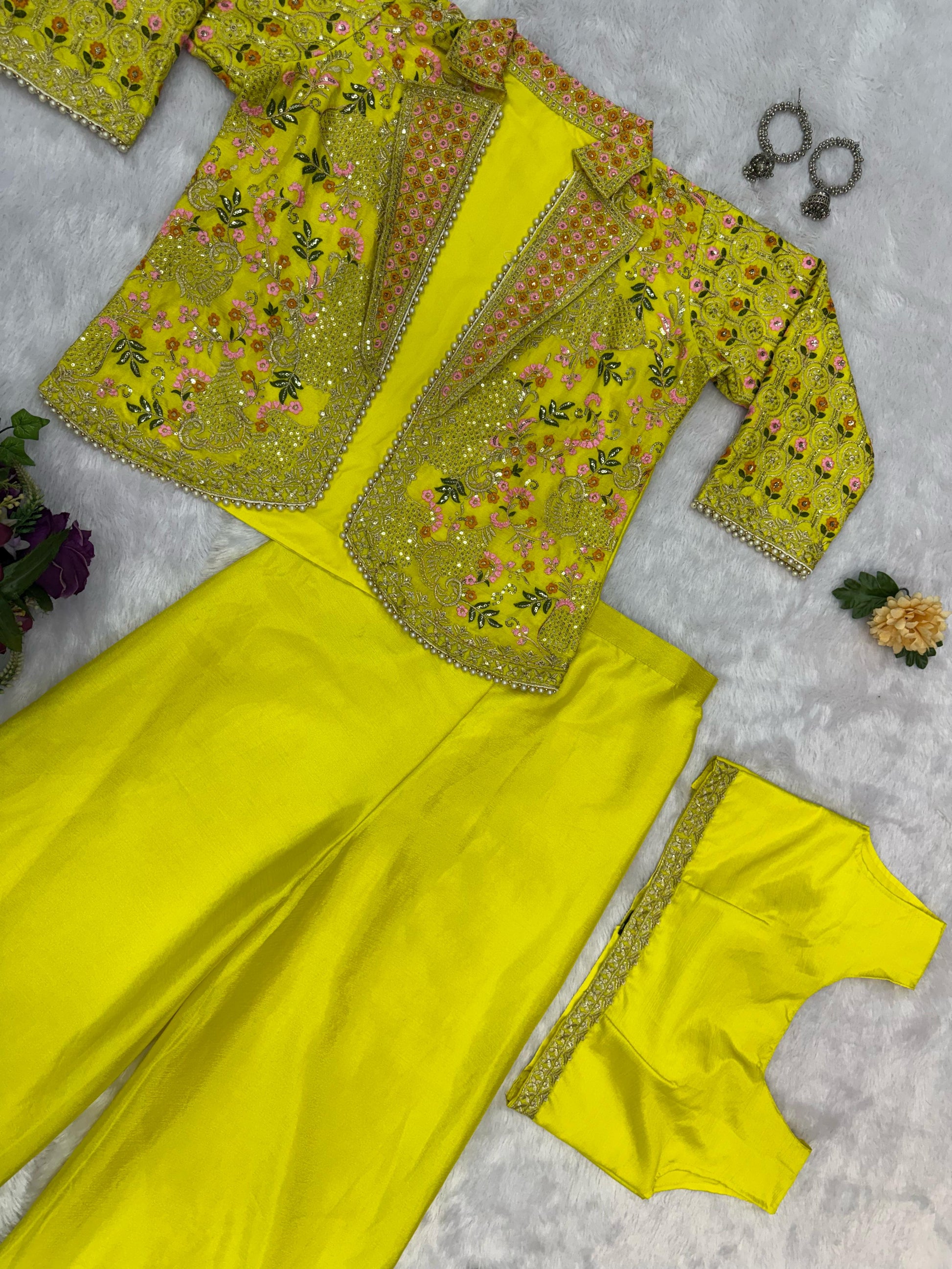 Flattering Chinon Lemon Color Palazzo Top With Koti
