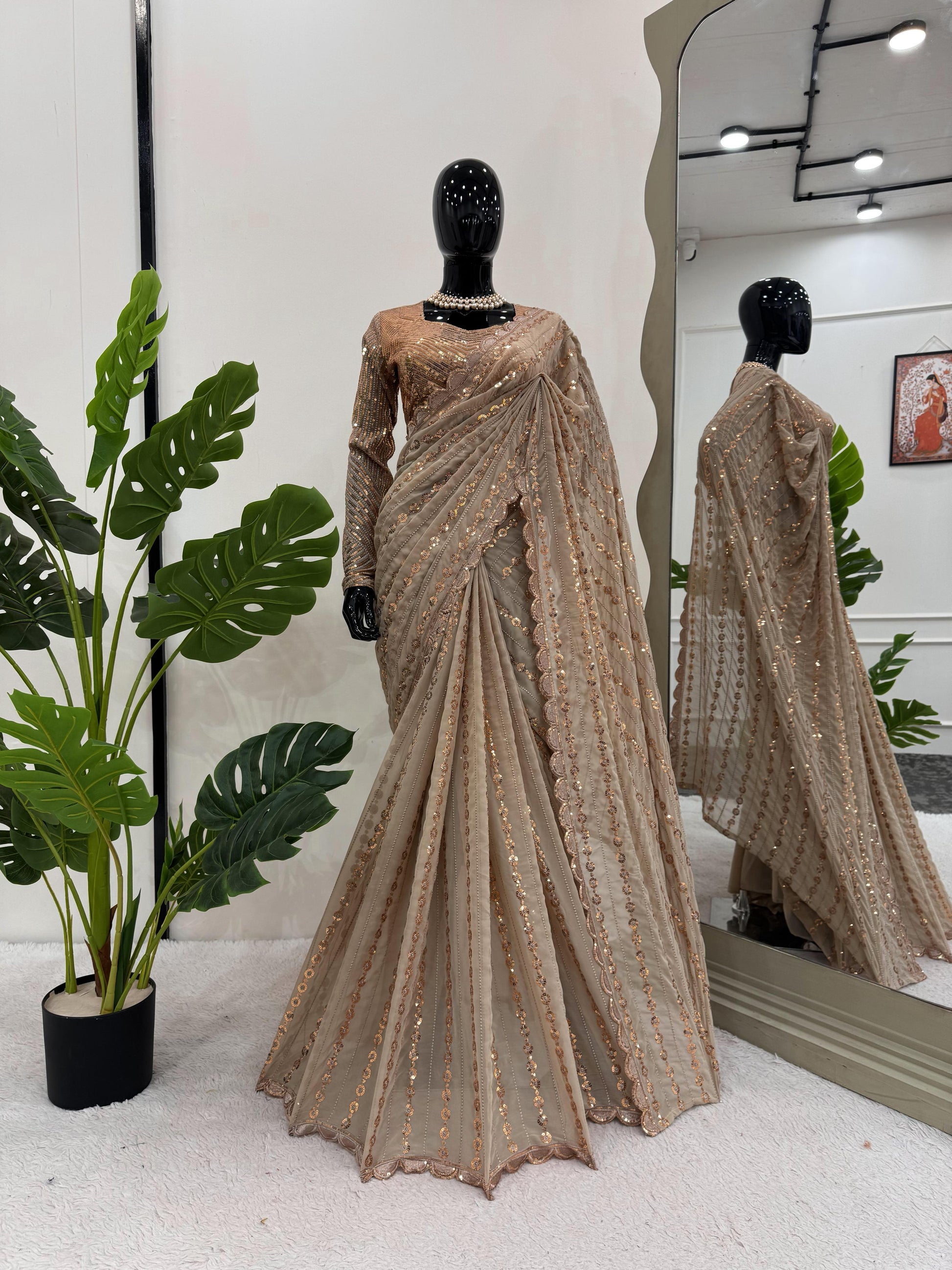 Classic Full Sequence Work Beige Color Saree