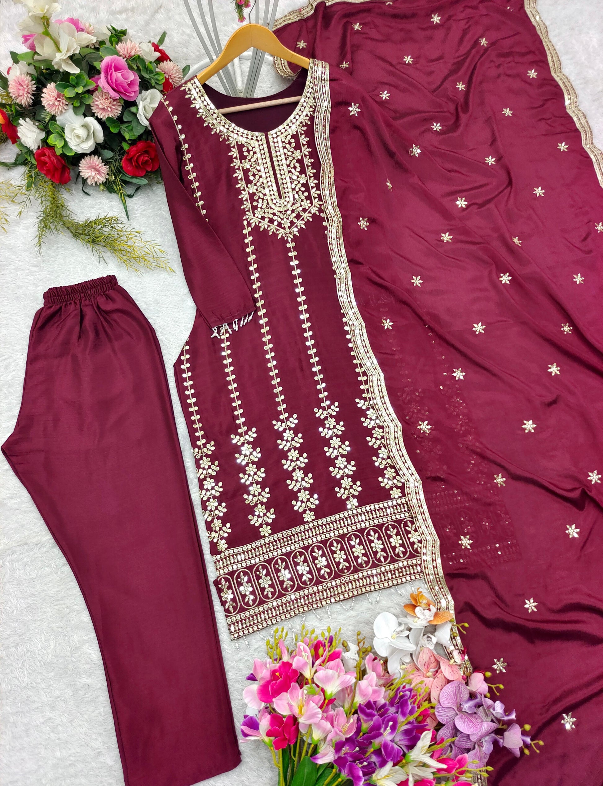 Eyes Catching Cinon Silk Maroon Color Salwar Suit
