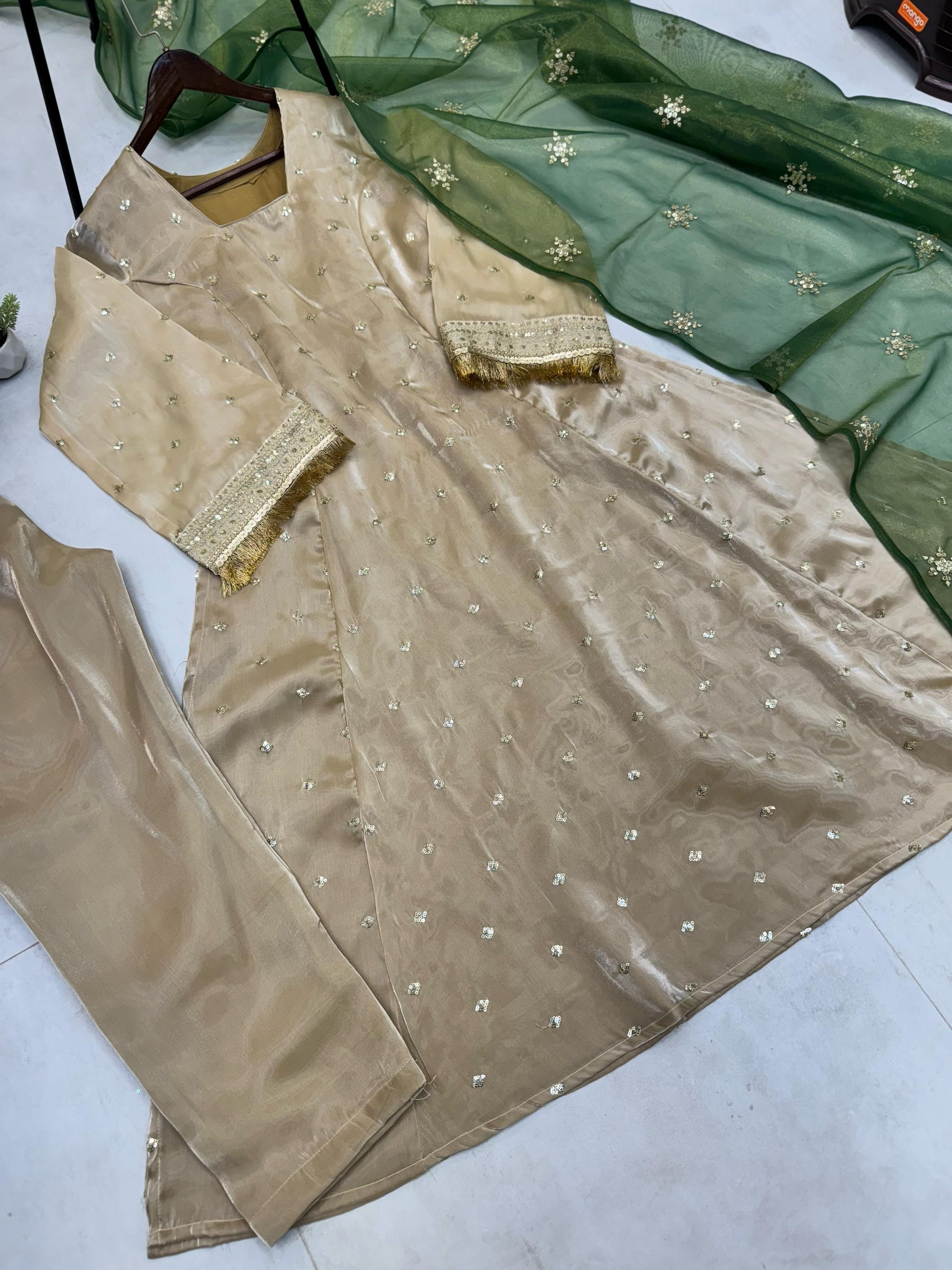 Delightful Embroidery Work Beige Color Salwar Suit With Green Dupatta