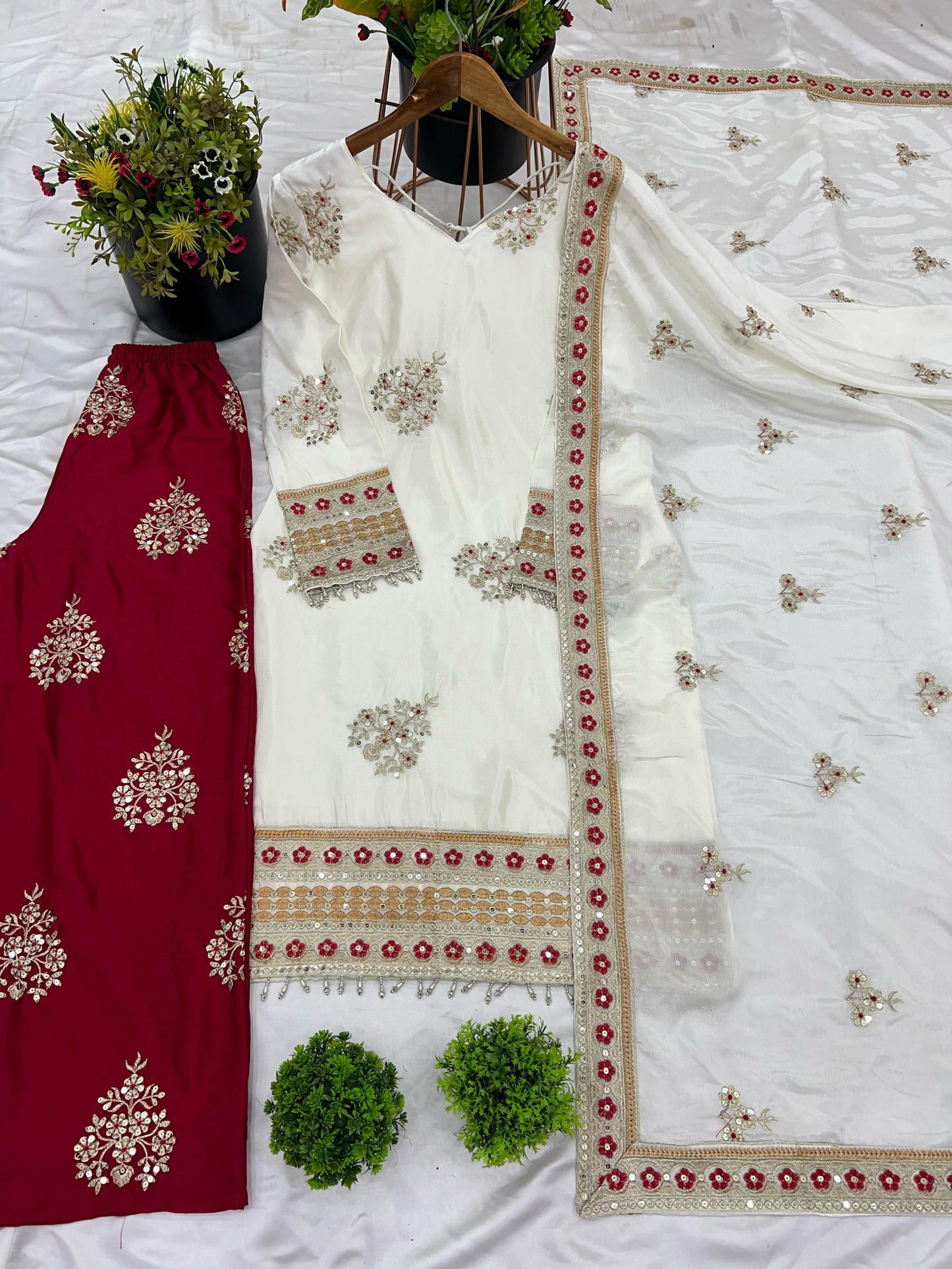 Pretty Silk White With Red Palazzo Suit