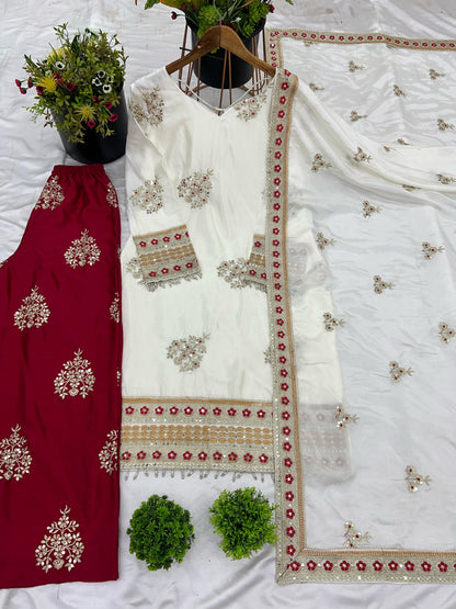 Pretty Silk White With Red Palazzo Suit