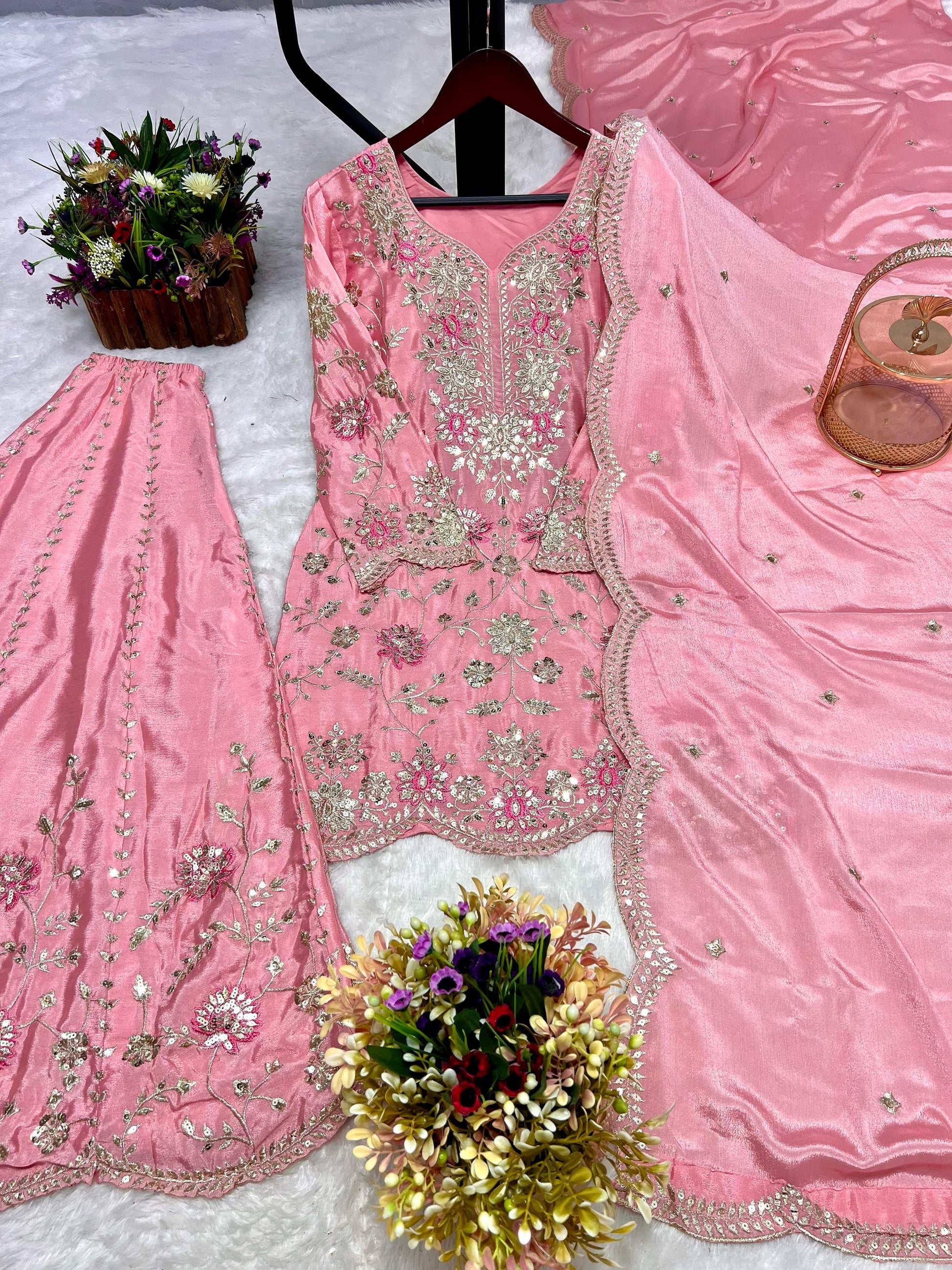 Outstanding Sequence And Thread Work Pink Color Sharara Suit