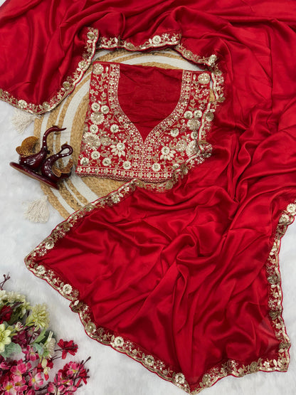 Gorgeous Red Color Rangoli Sequence Silk Saree