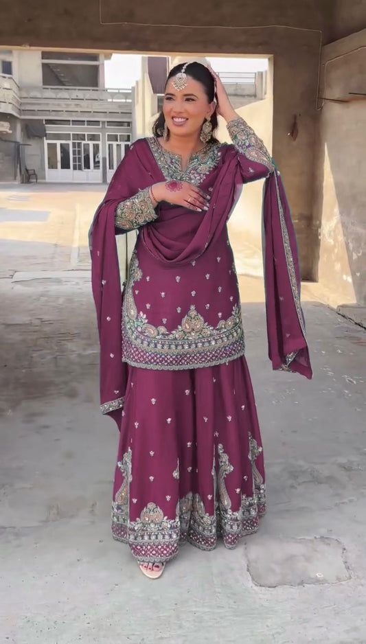 Wonderful Chinon Silk Wine Color Palazzo Suit