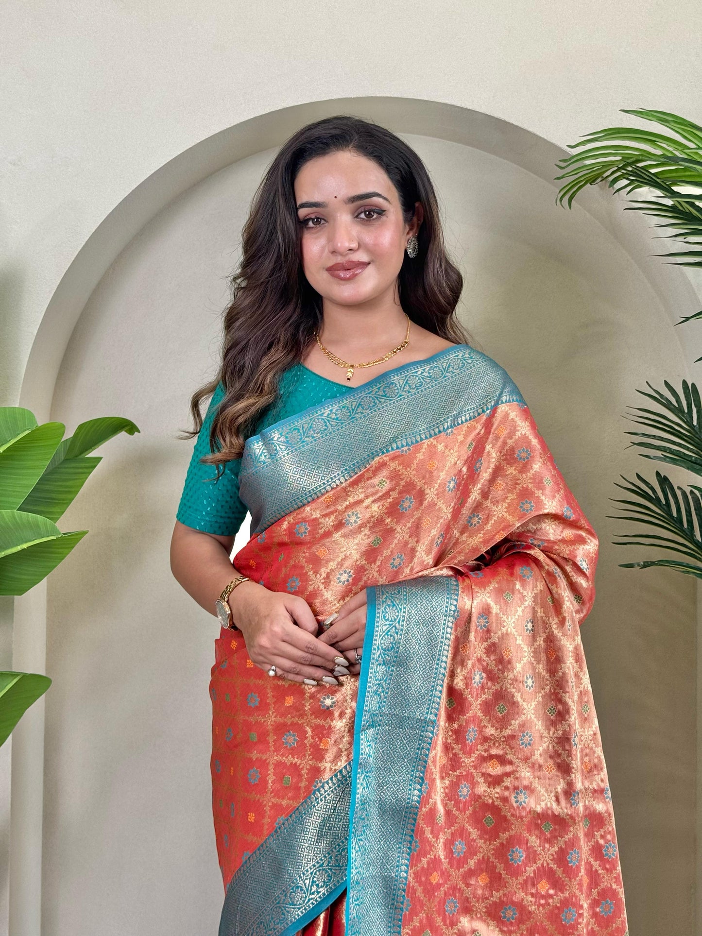 Designer Silk Zari Weaving Orange Color Saree