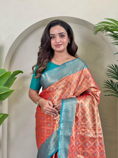 Designer Silk Zari Weaving Orange Color Saree