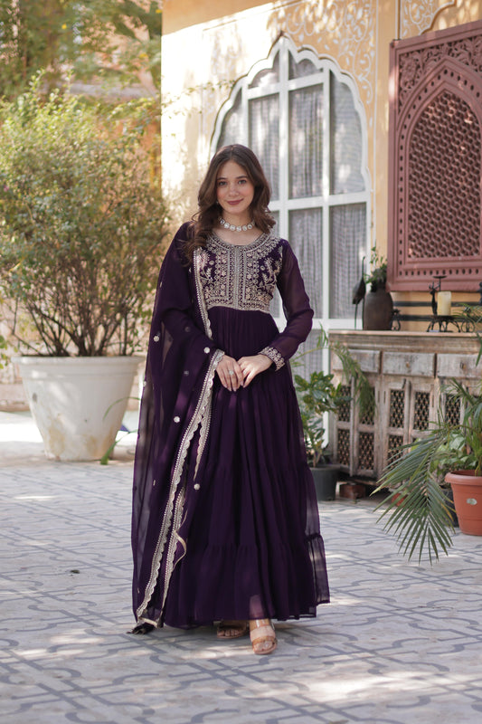 Awesome Embroidery Pearl Work Purple Color Gown